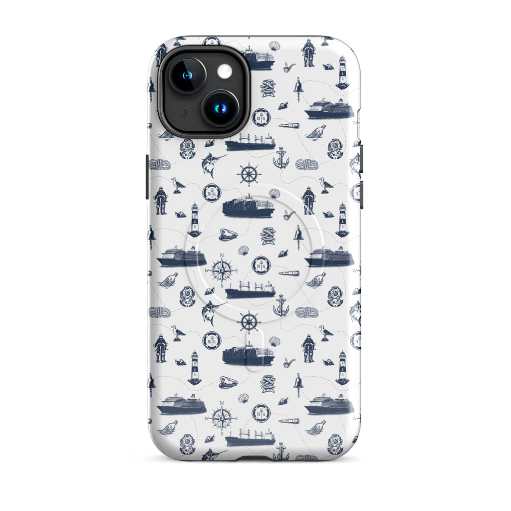 iPhone case with navy lexury nautical pattern on a white background