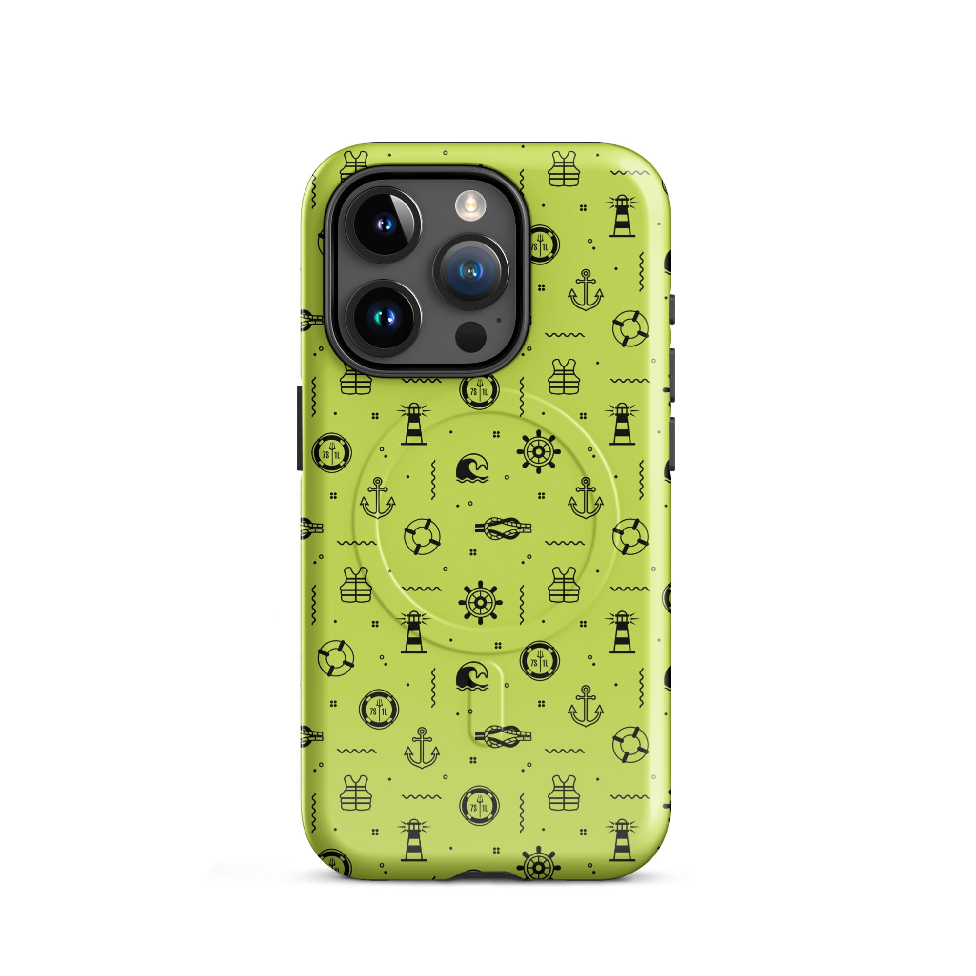 IPhone case with black pattern on a lemon green background