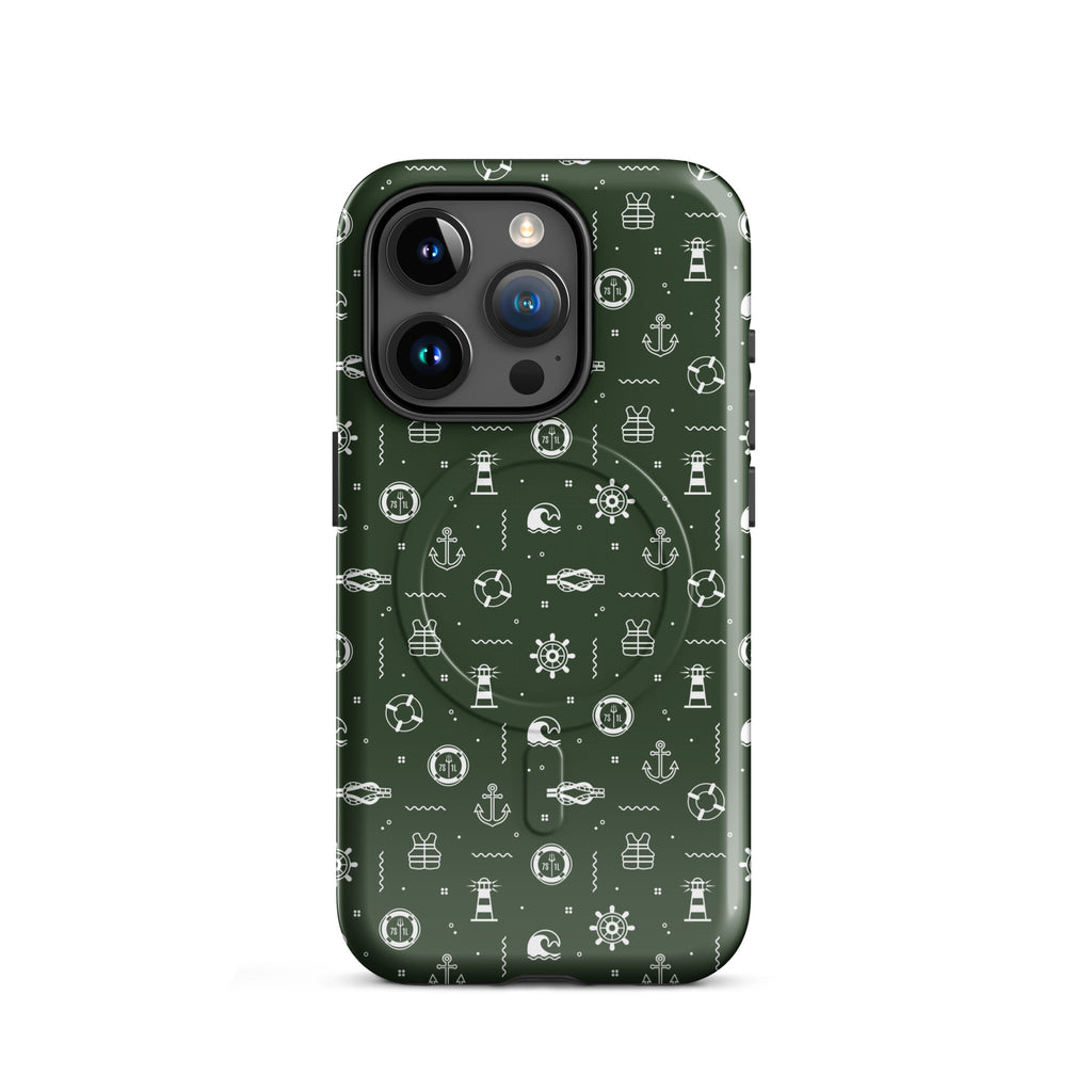iPhone case with maritime pattern on a green background
