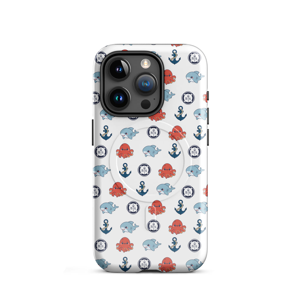 Phone case with nautical pattern featuring octopuses, anchors, and whales on a white background