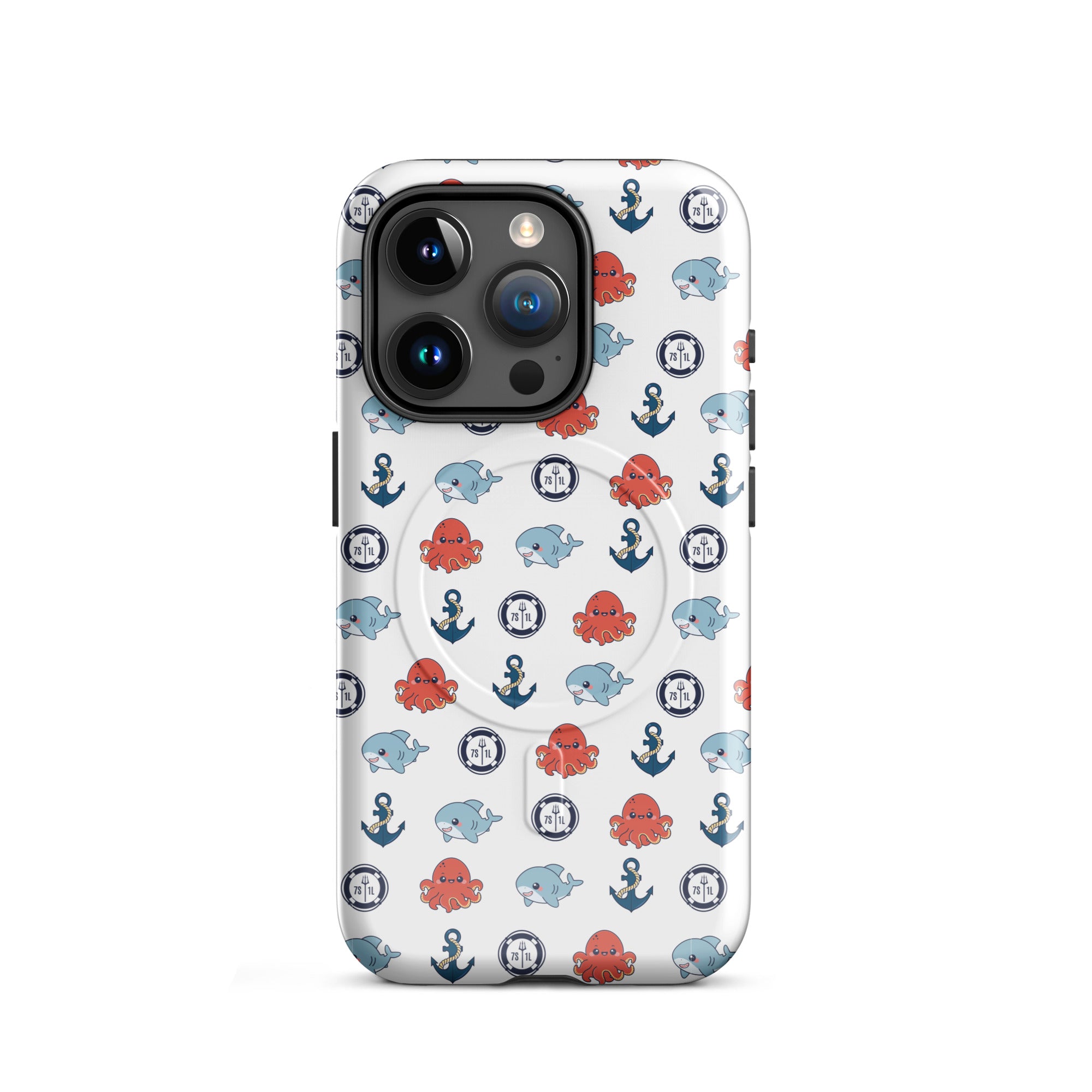 Phone case with nautical pattern featuring octopuses, anchors, and whales on a white background
