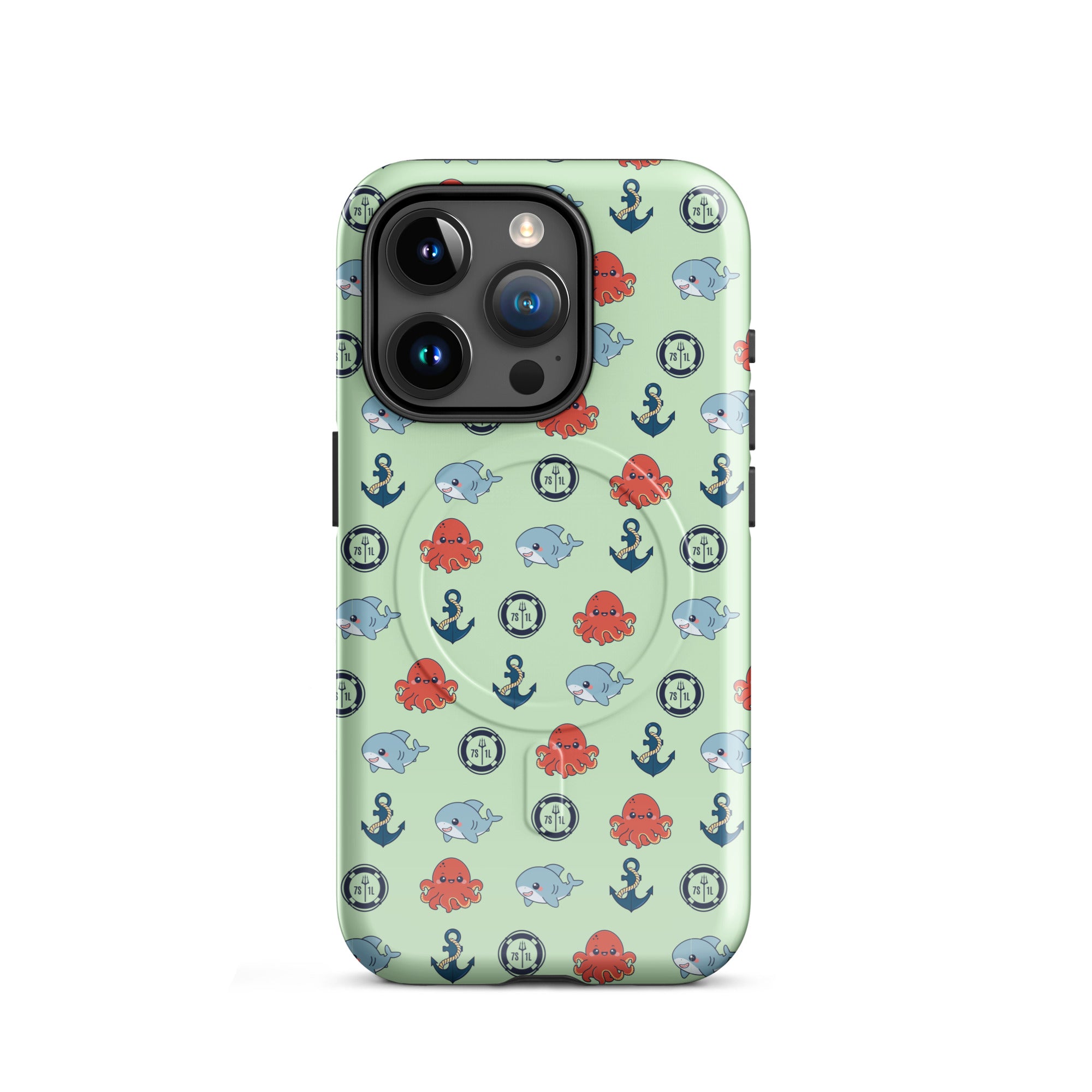 Phone case with nautical pattern featuring baby octopuses, anchors, and baby shark