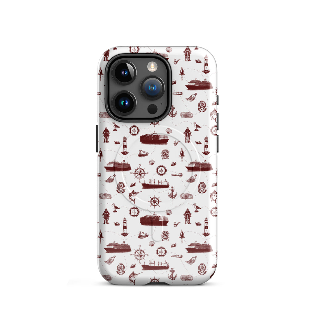Phone case with red maritime pattern on a white background