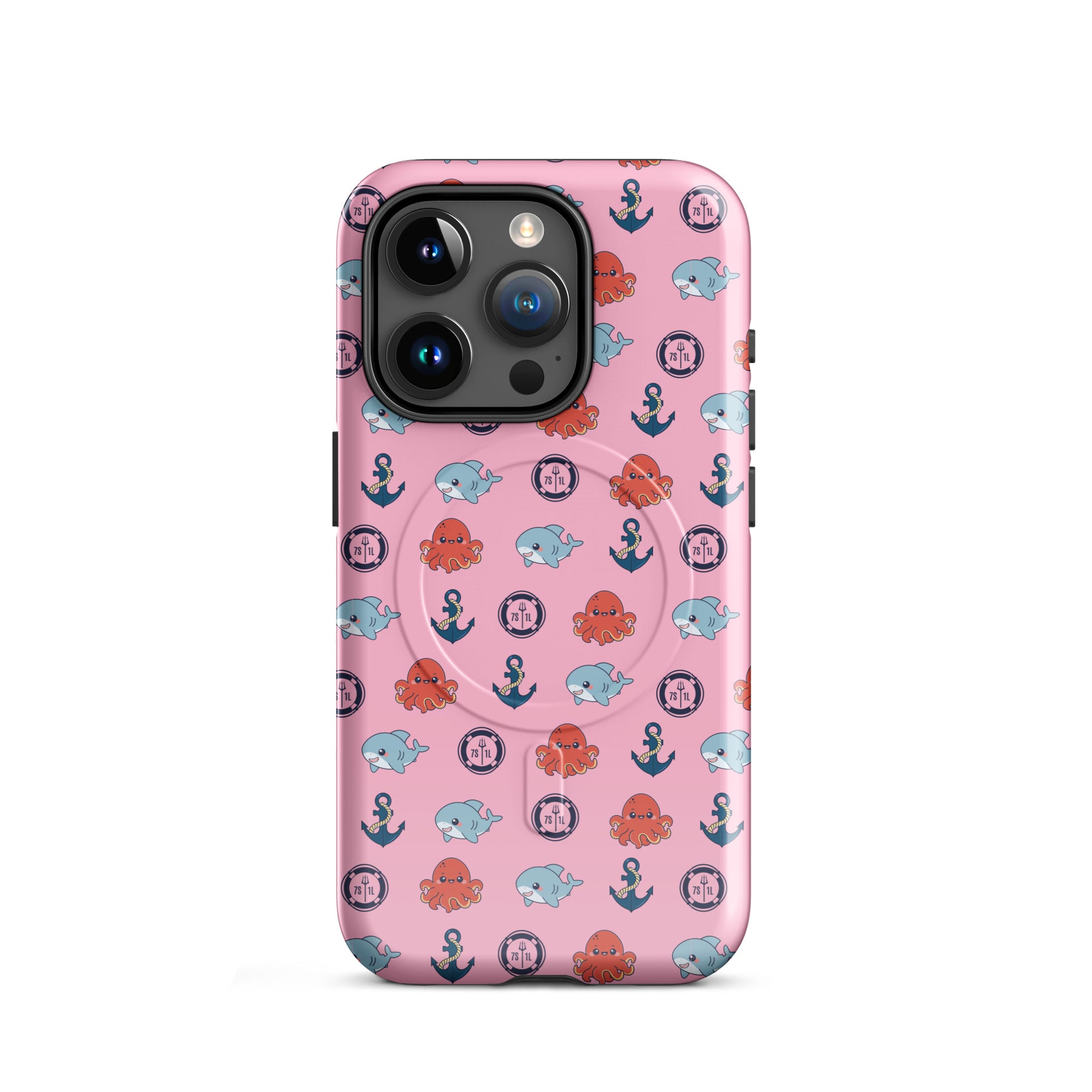 iphone case in pink with baby octopus and baby shark