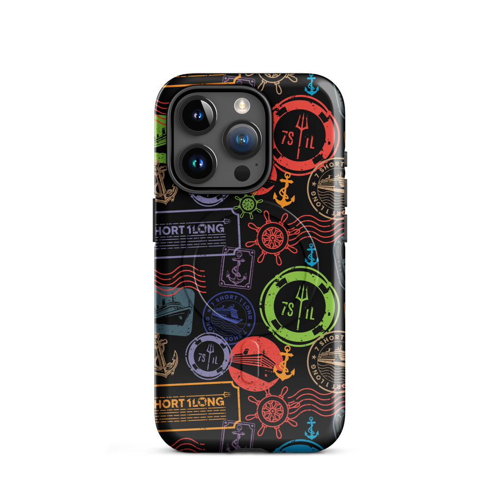 iPhone case with passport stamps and  black background