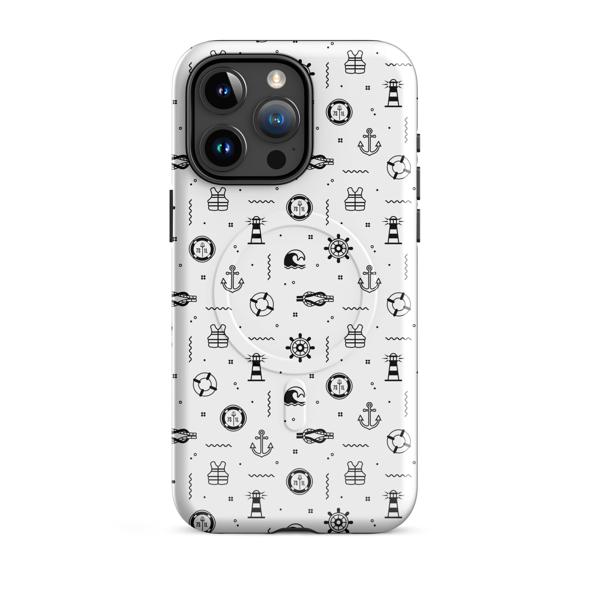 iPhone case in white with black maritime pattern