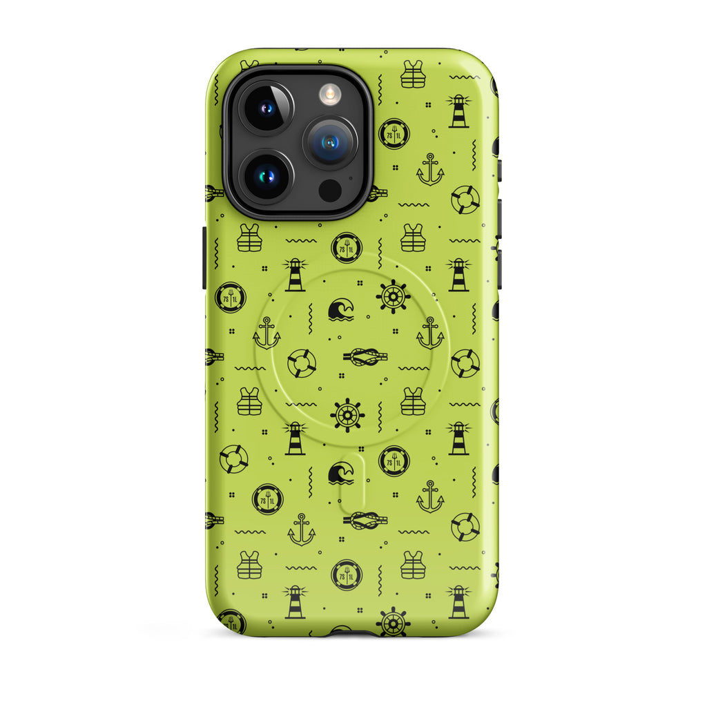 IPhone case with black pattern on a lemon green background