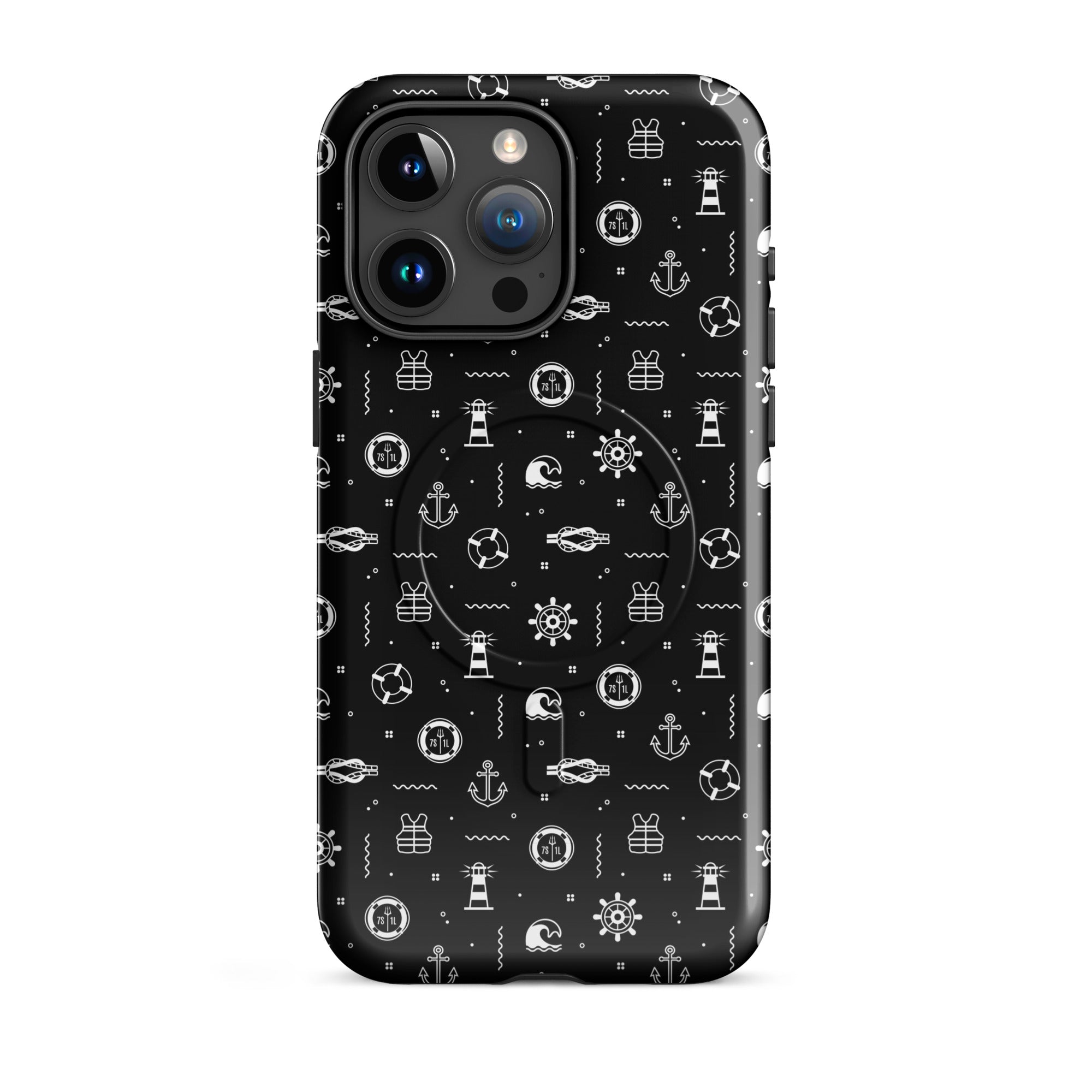 iPhone case with maritime pattern on a black background