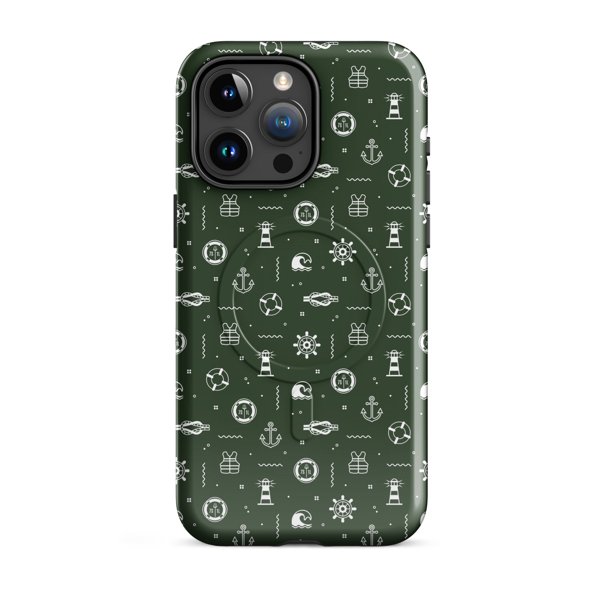 iPhone case with maritime pattern on a green background