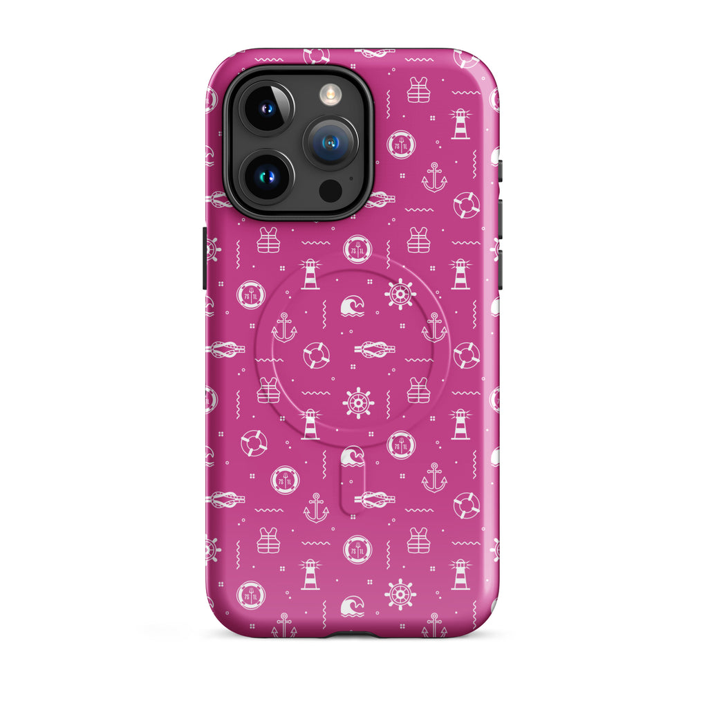 iPhone case with a pink background and white nautical maritime design 