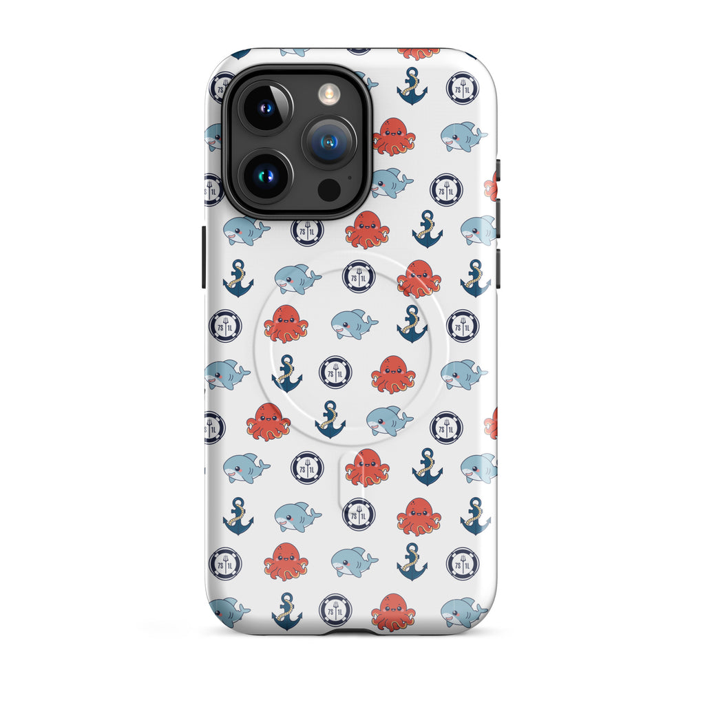 Phone case with nautical pattern featuring octopuses, whales, and anchors on a white background