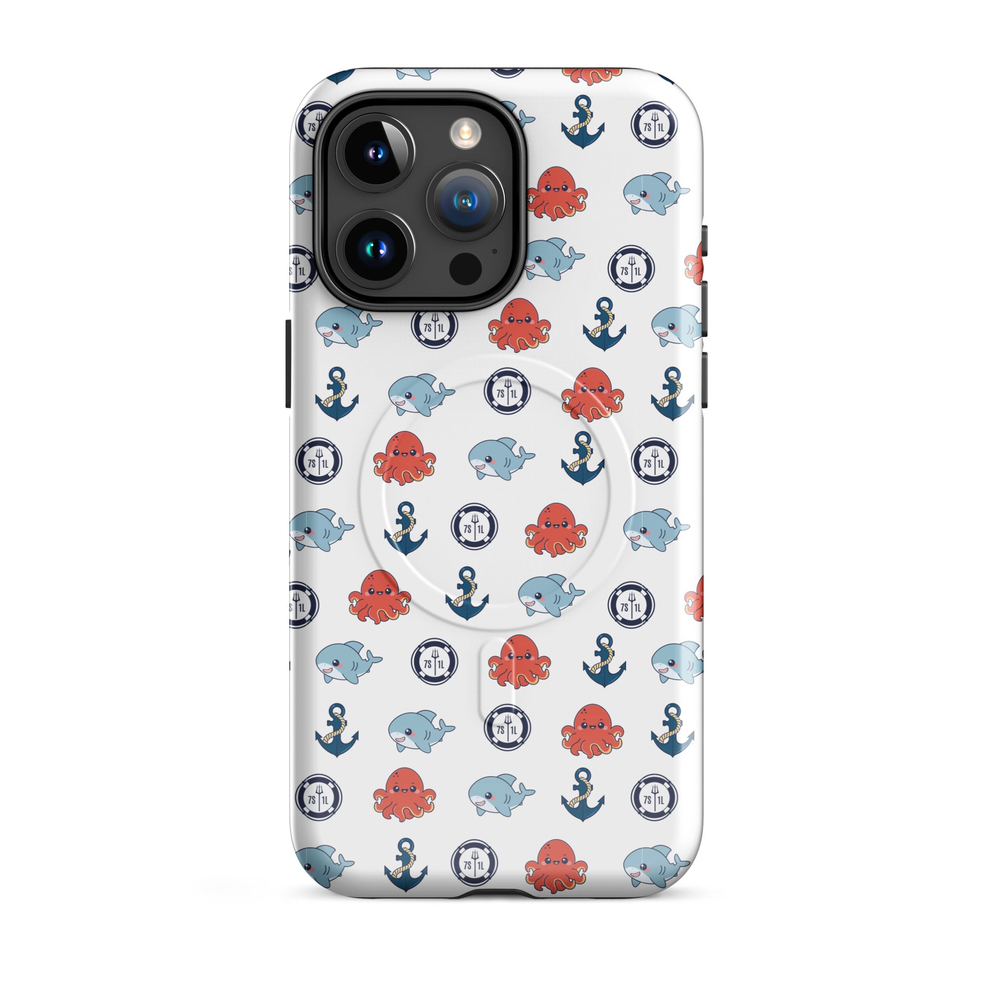 Phone case with nautical pattern featuring octopuses, whales, and anchors on a white background
