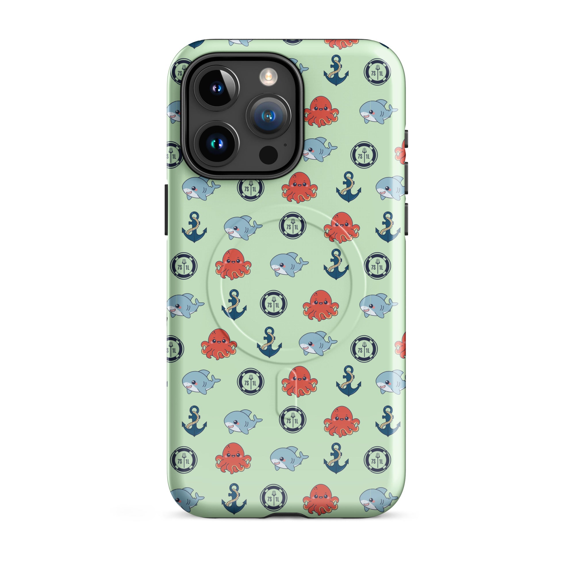 Phone case with nautical pattern featuring baby octopuses, anchors, and baby shark