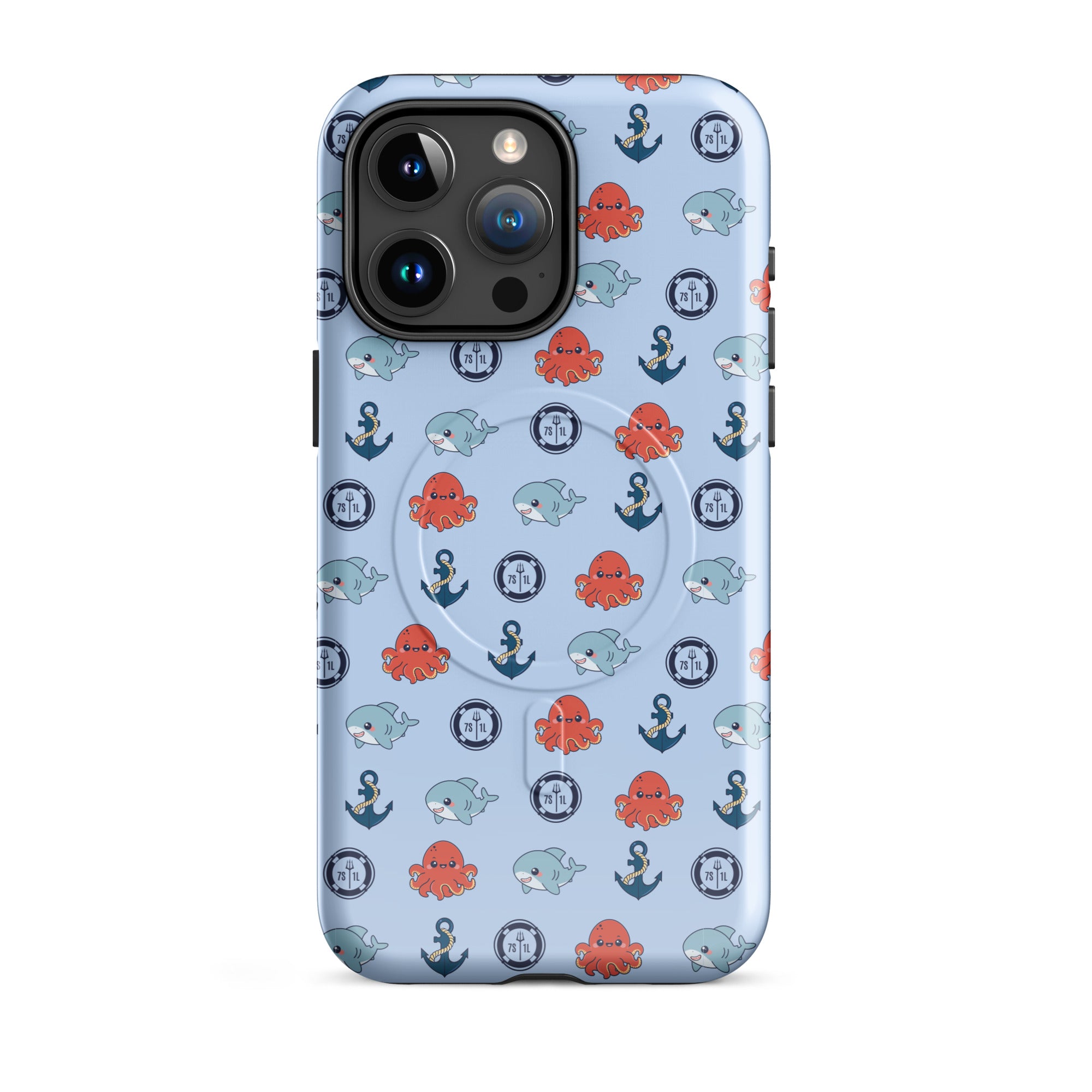Cute Ocean Party iPhone Case sky blue with baby shark and baby octopus
