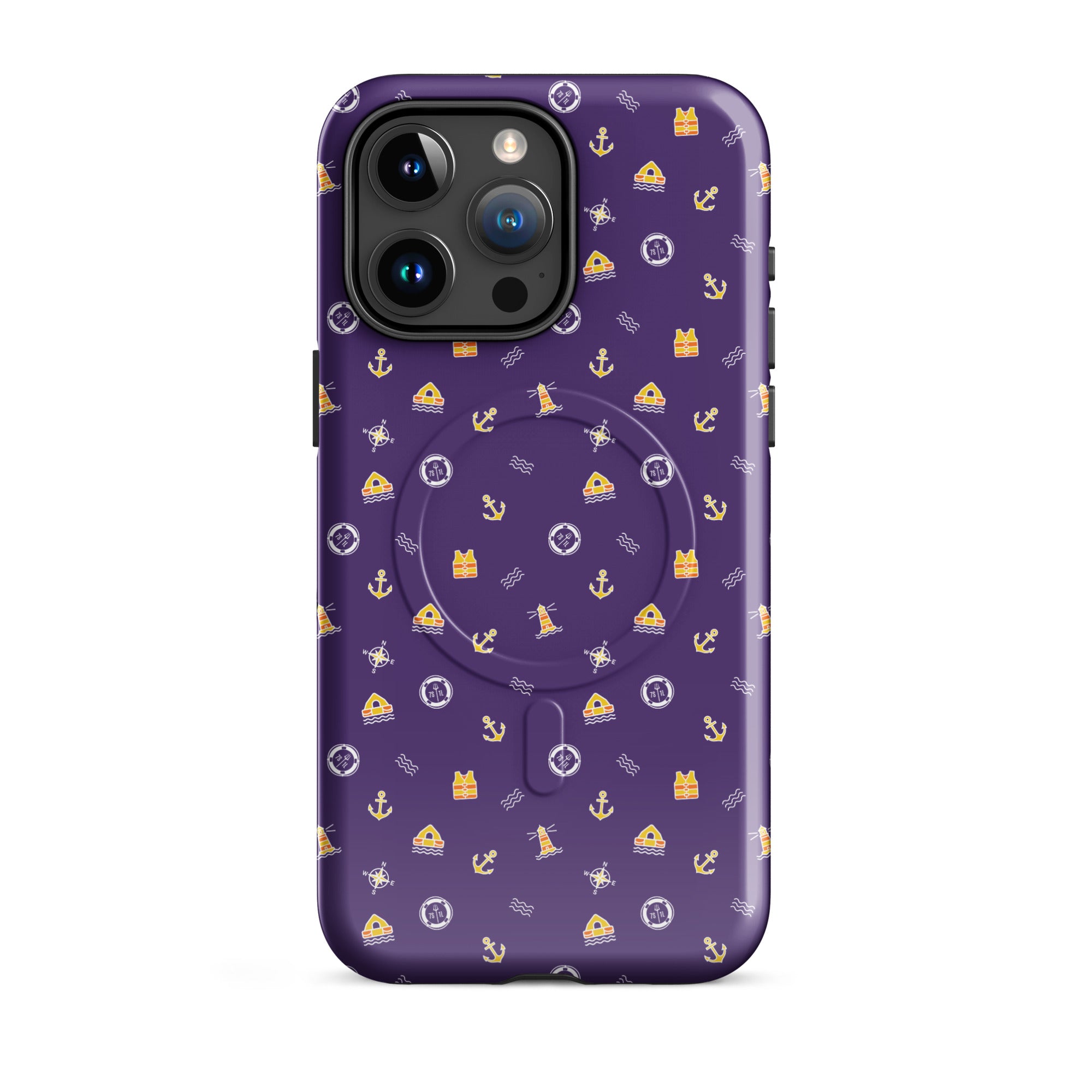 Purple Iphone case with a pattern of anchors and other nautical symbols from solas regulation