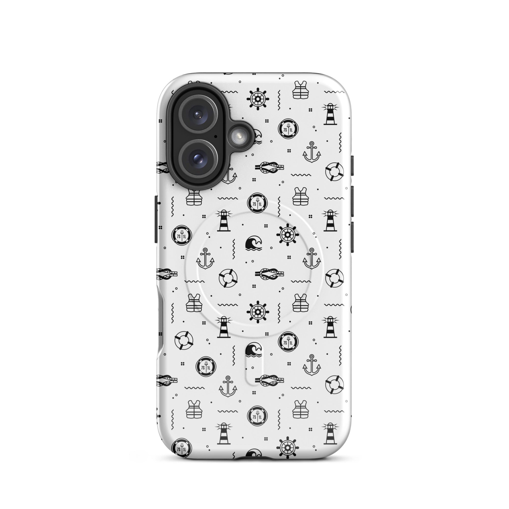 iPhone case in white with black maritime pattern