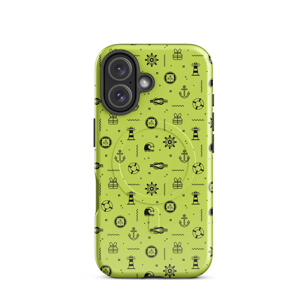 IPhone case with black pattern on a lemon green background