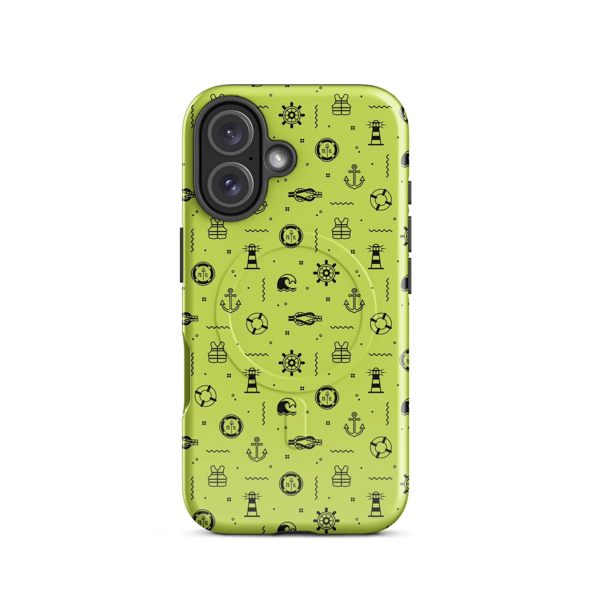 IPhone case with black pattern on a lemon green background