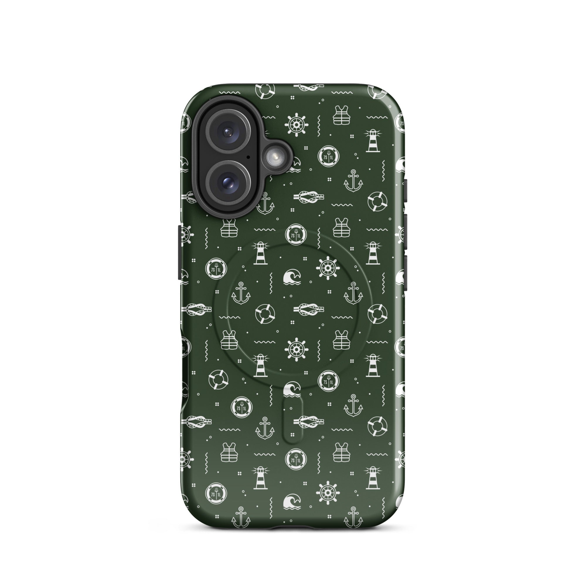 iPhone case with maritime pattern on a green background