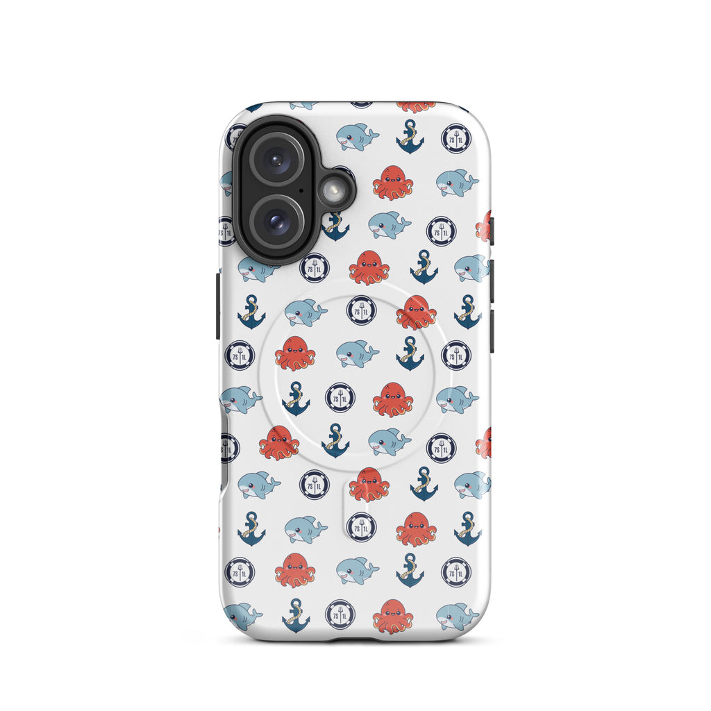 Phone case with nautical pattern featuring anchors, octopuses, and whales on a white background