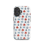 Phone case with nautical pattern featuring anchors, octopuses, and whales on a white background