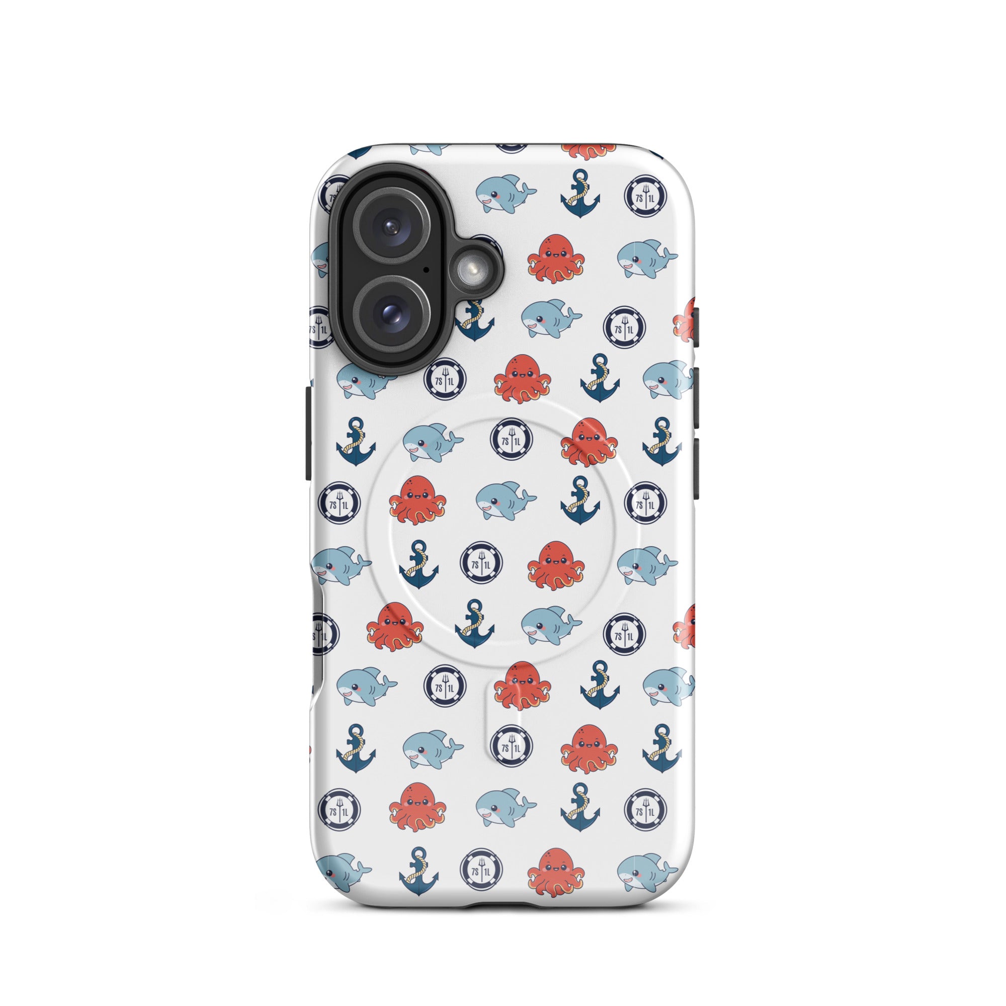 Phone case with nautical pattern featuring anchors, octopuses, and whales on a white background