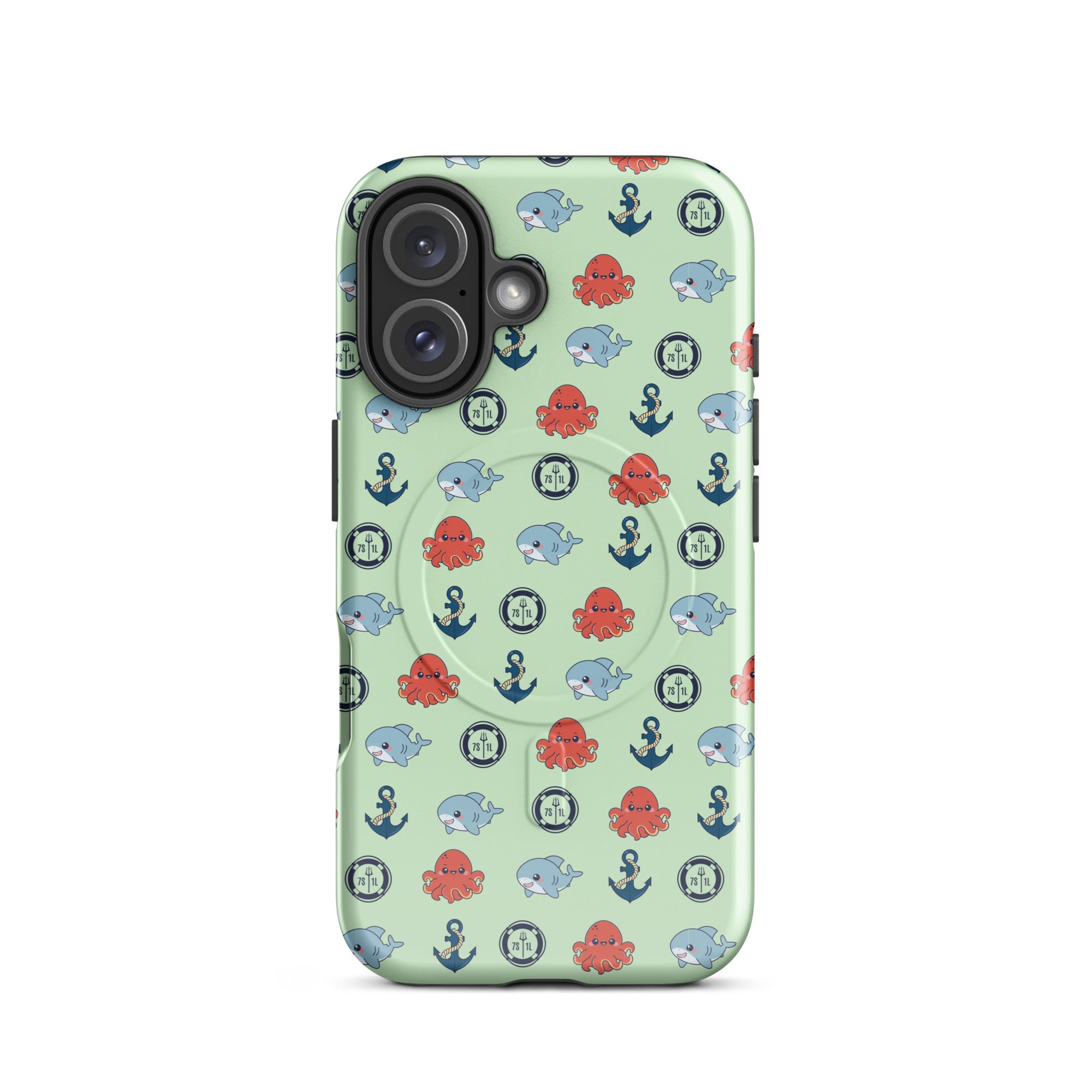 Phone case with nautical pattern featuring baby octopuses, anchors, and baby shark