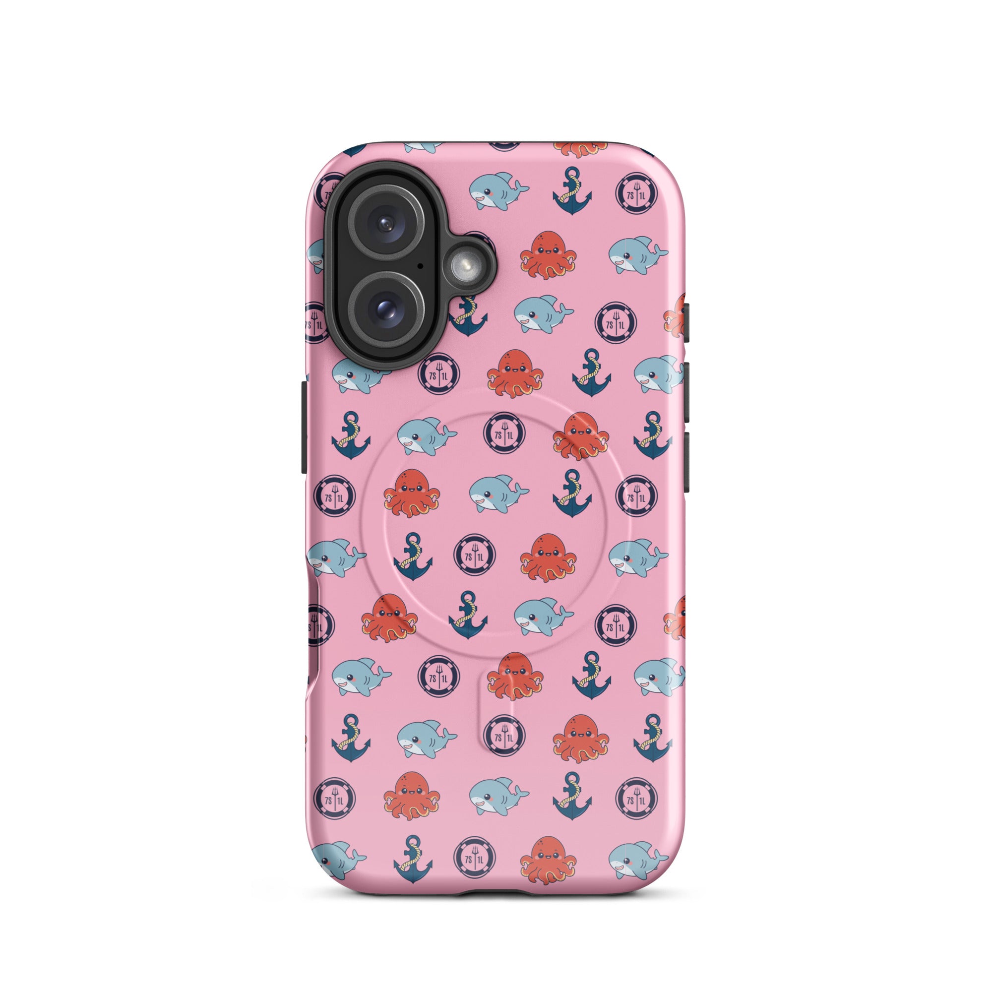 iphone case in pink with baby octopus and baby shark