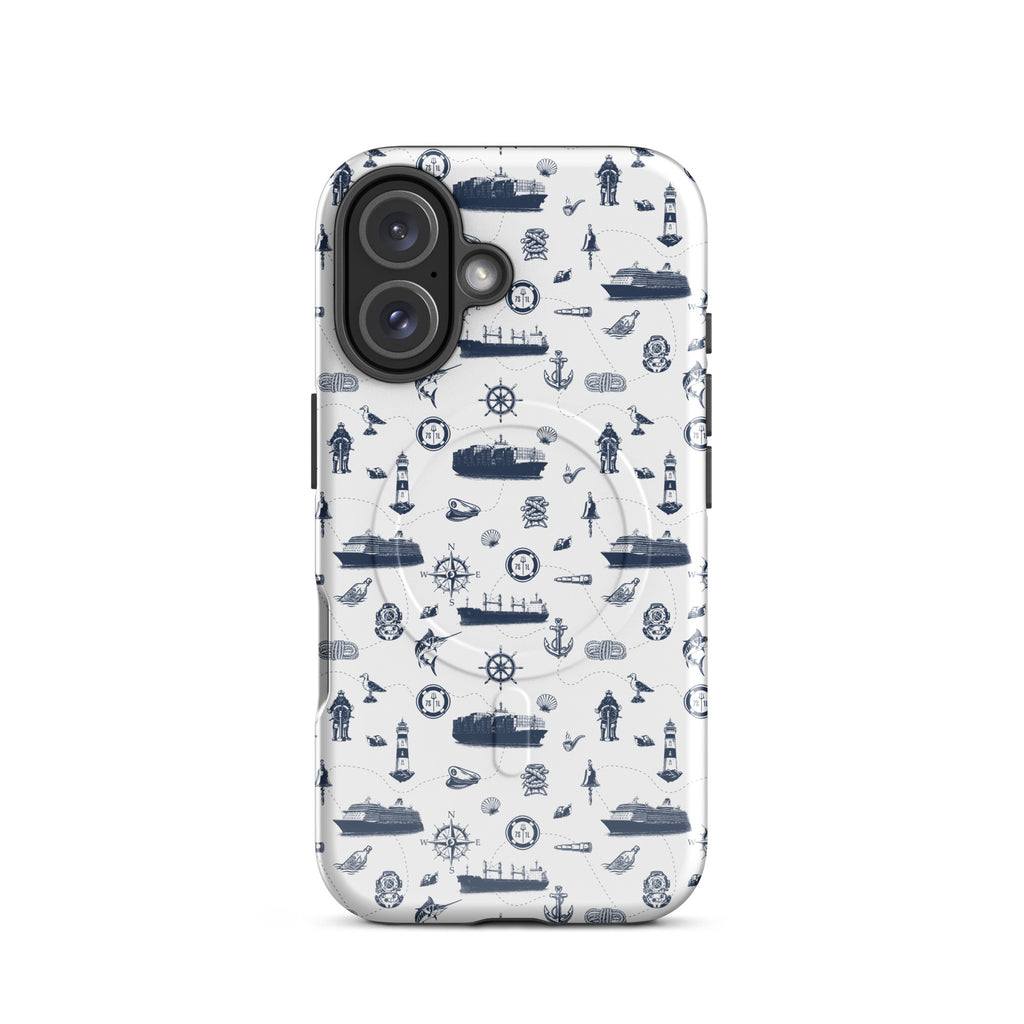 iPhone case with navy lexury nautical pattern on a white background