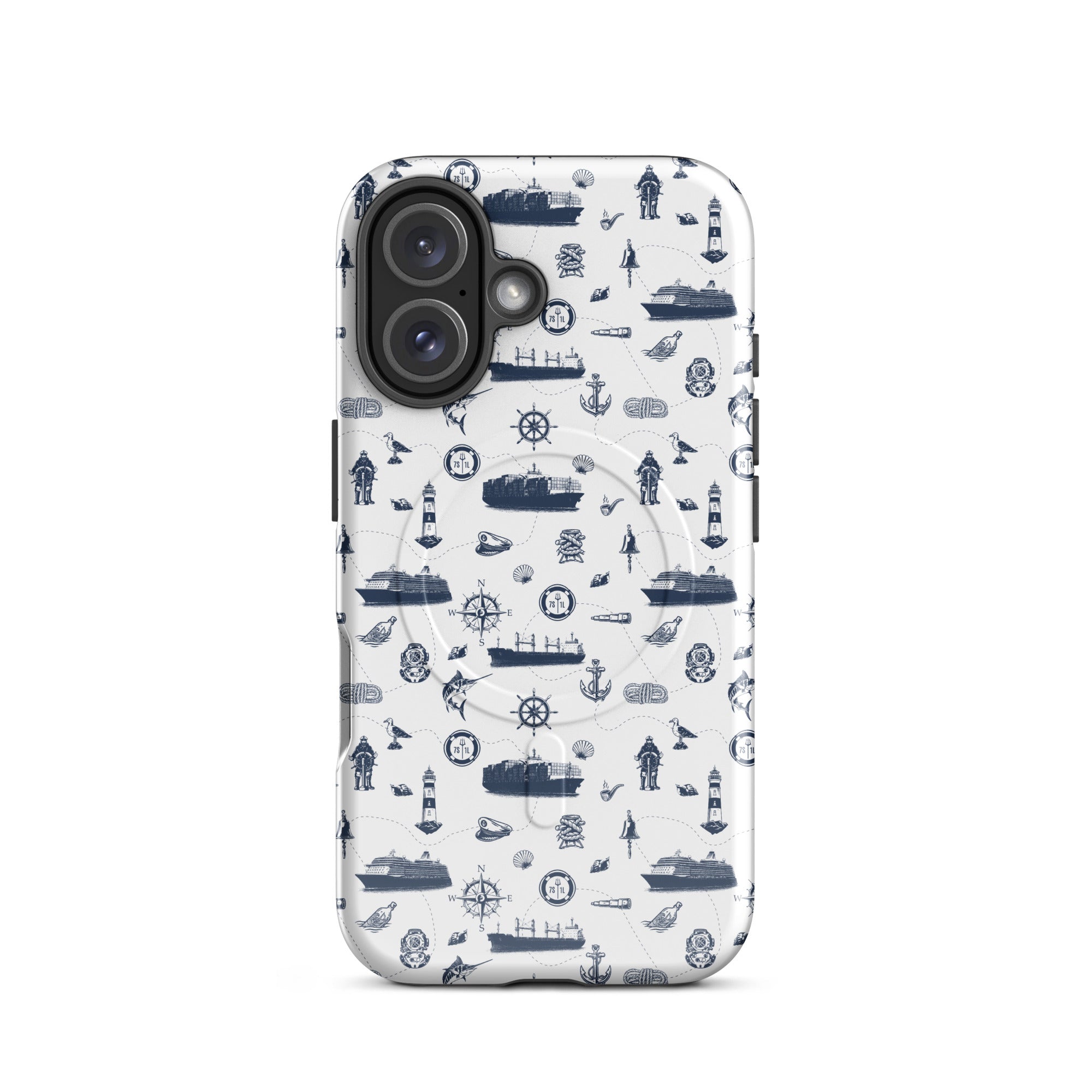 iPhone case with navy lexury nautical pattern on a white background