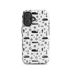 Luxury cruise iPhone case with black and white maritime pattern on a cruise ship