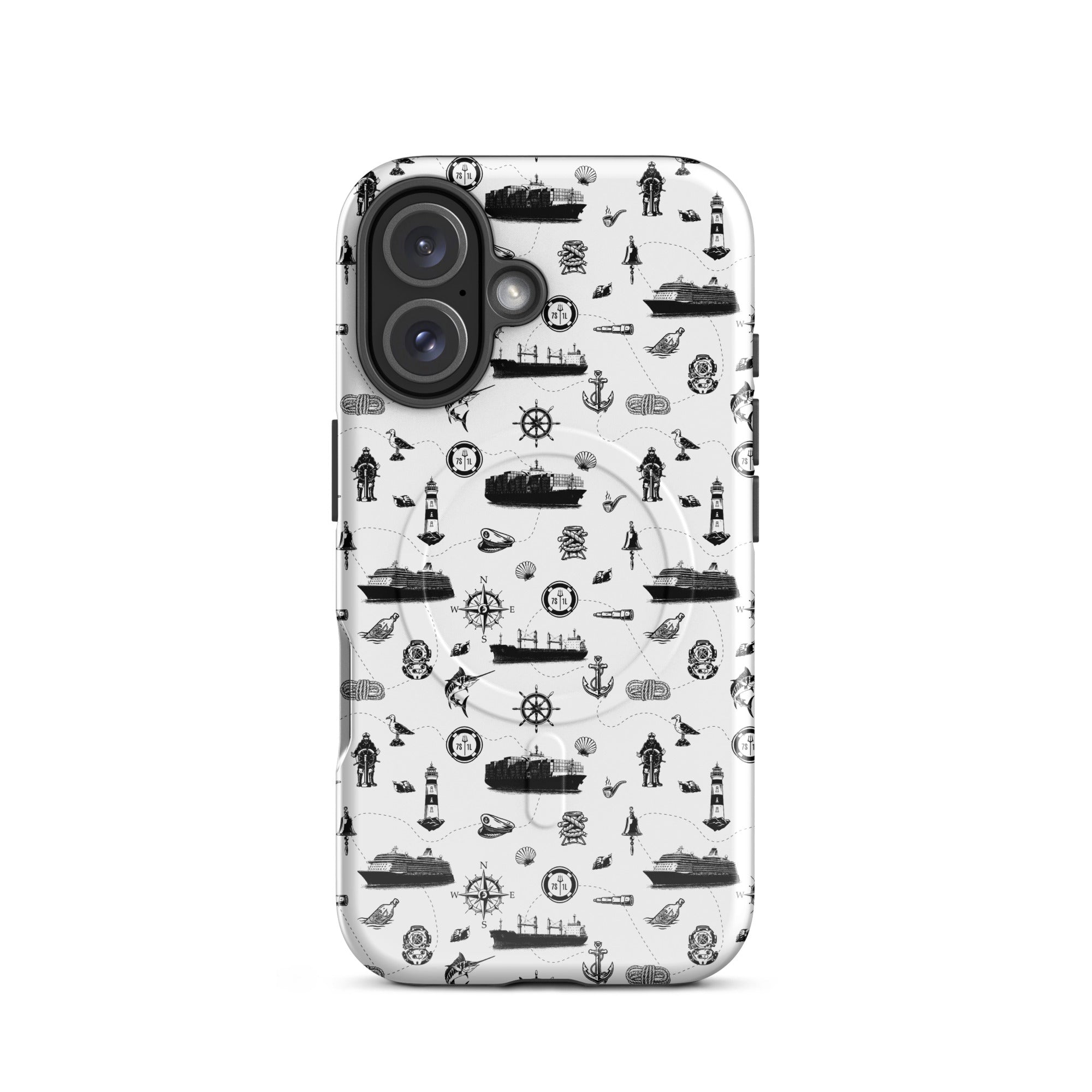 Luxury cruise iPhone case with black and white maritime pattern on a cruise ship