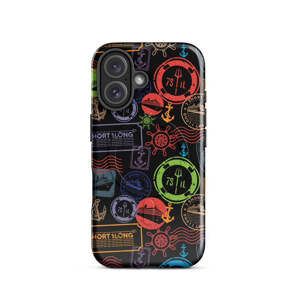 iPhone case with passport stamps and  black background