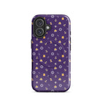 Purple phone case with a pattern of anchors and other nautical symbols on a white background