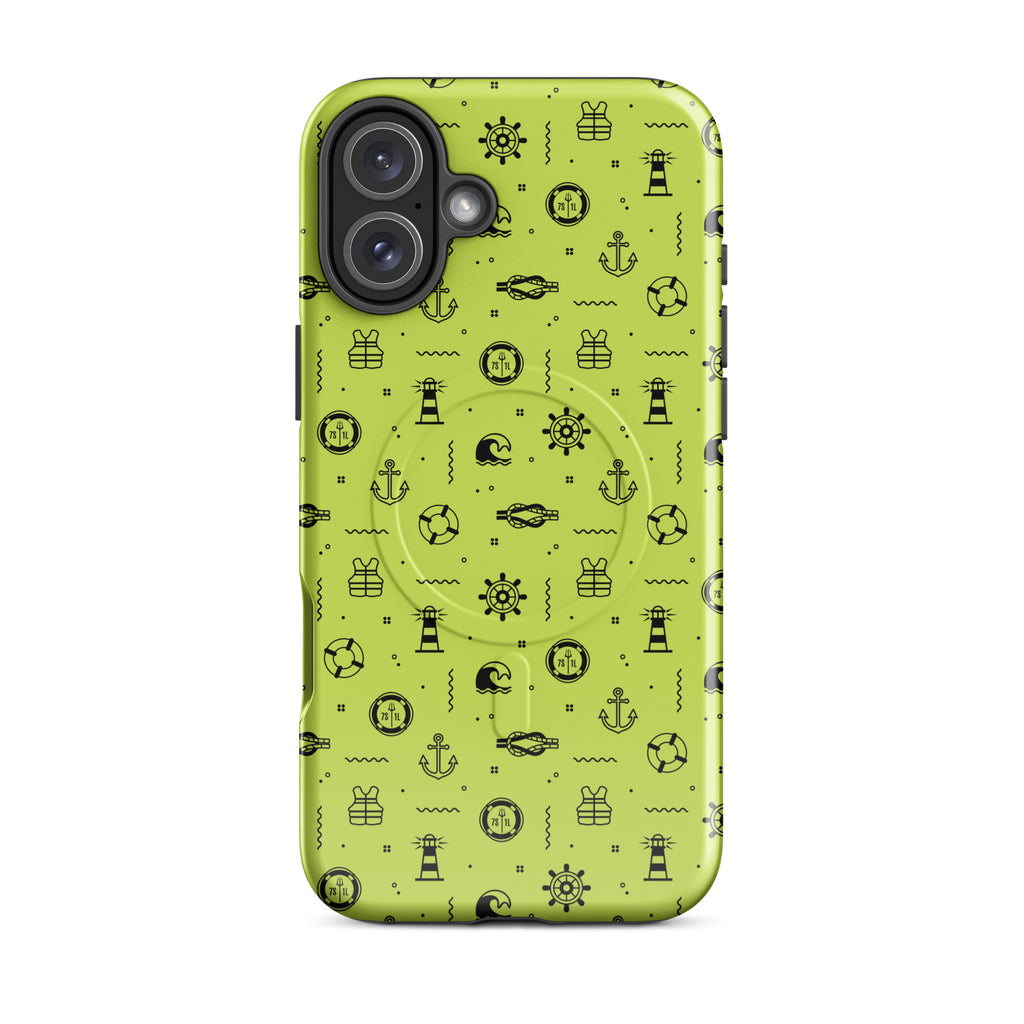 IPhone case with black pattern on a lemon green background