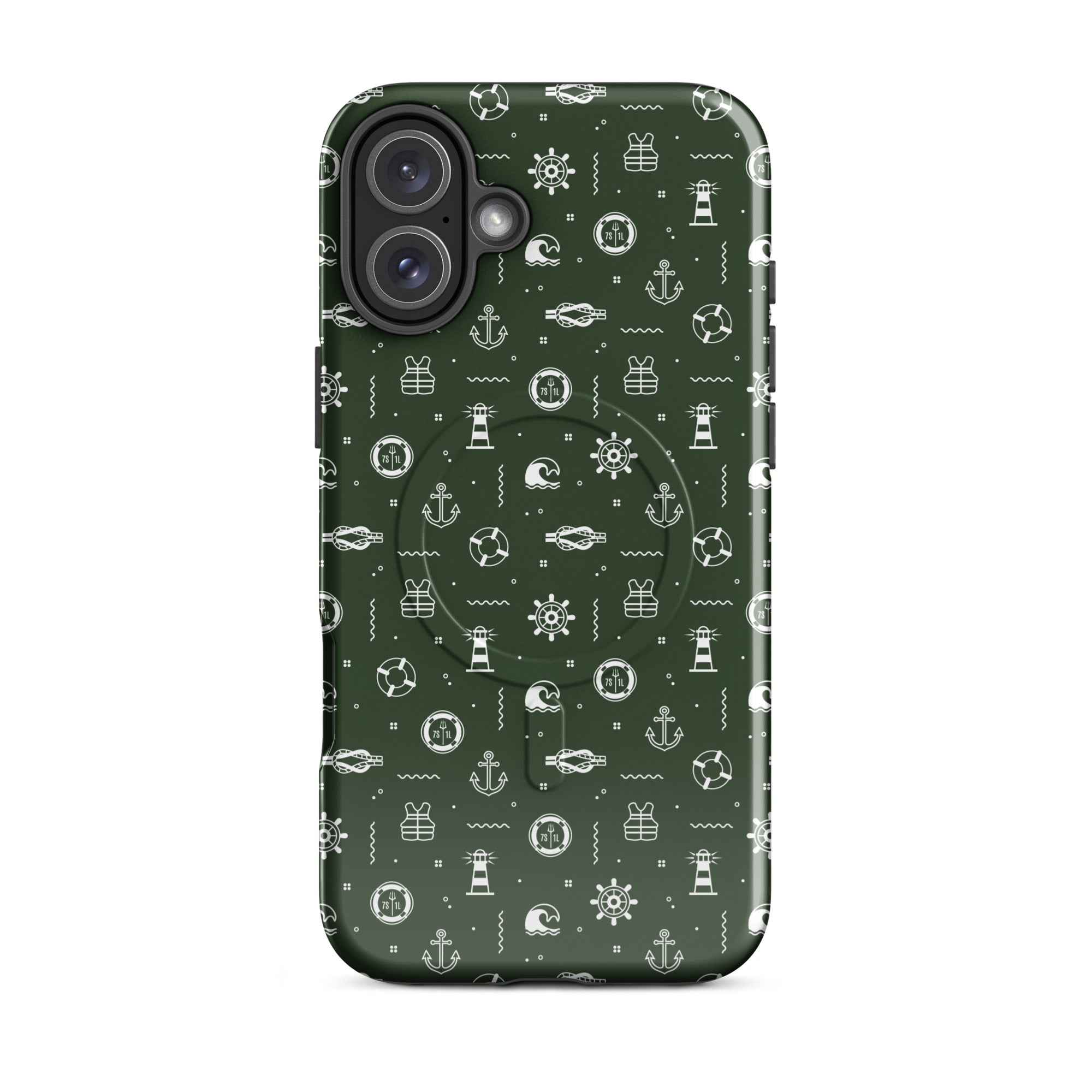 iPhone case with maritime pattern on a green background