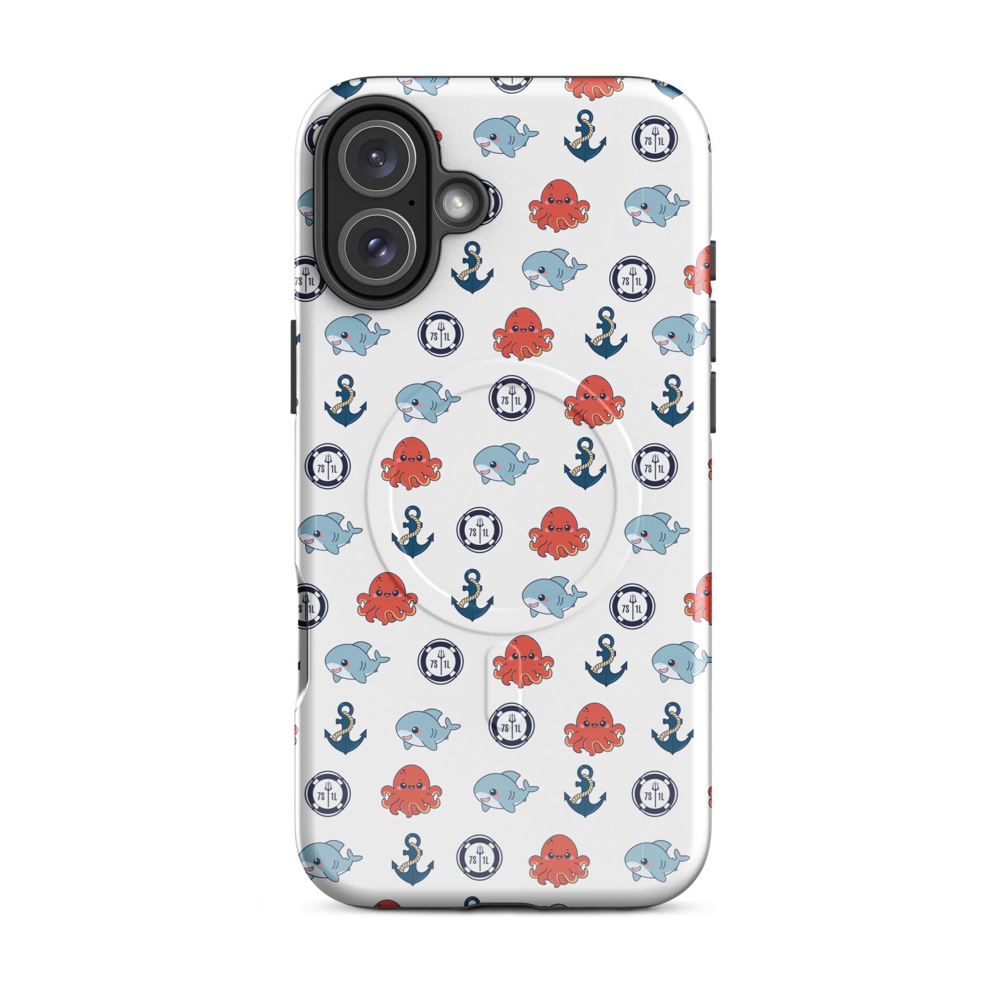 Phone case with nautical pattern featuring whales, octopuses, and anchors on a white background