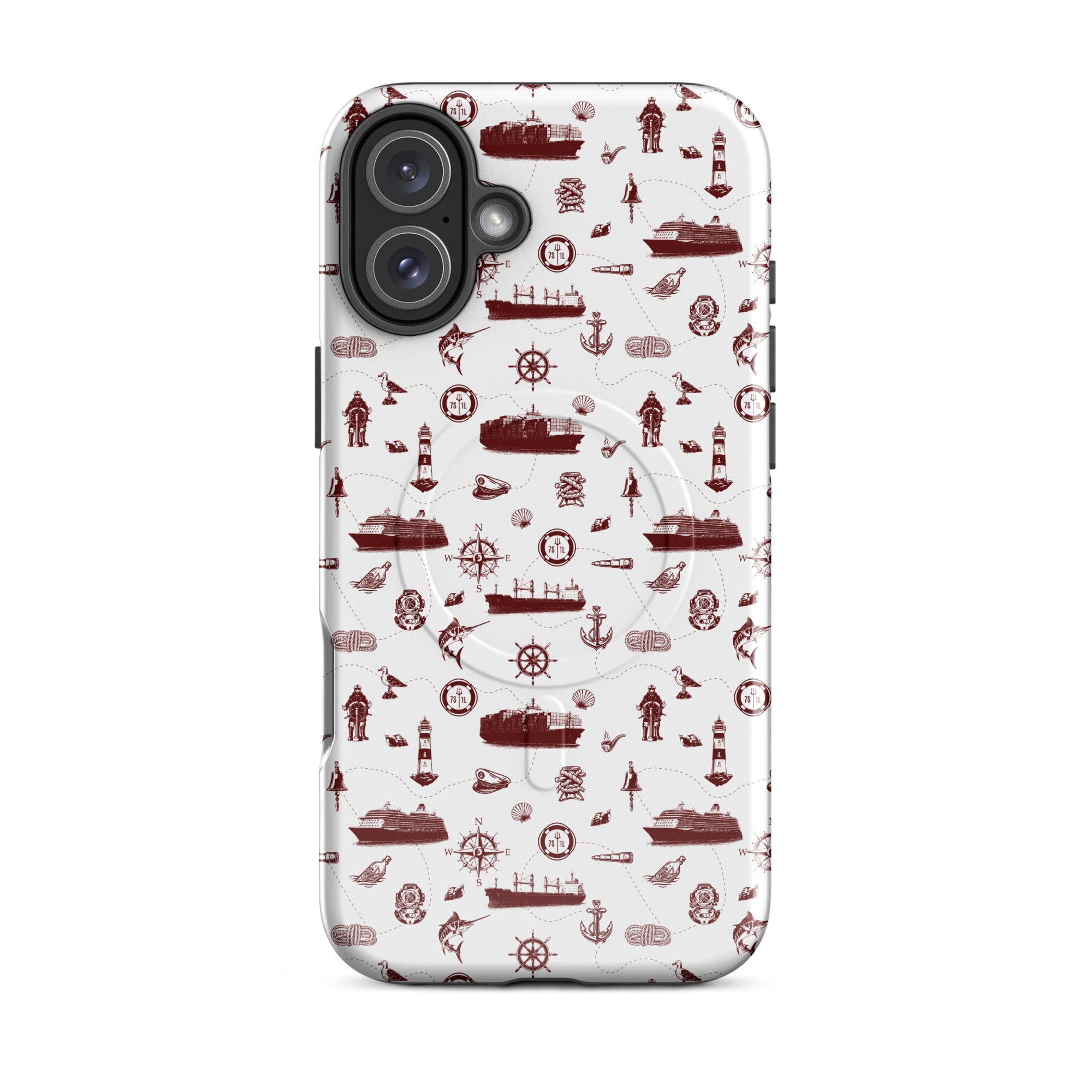 Phone case with red maritime pattern on a white background