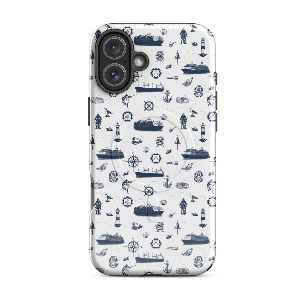 iPhone case with navy lexury nautical pattern on a white background