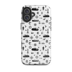 Luxury cruise iPhone case with black and white maritime pattern on a cruise ship