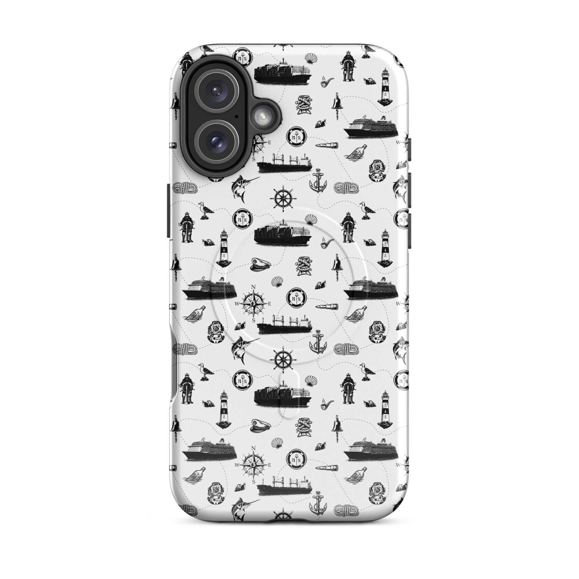 Luxury cruise iPhone case with black and white maritime pattern on a cruise ship