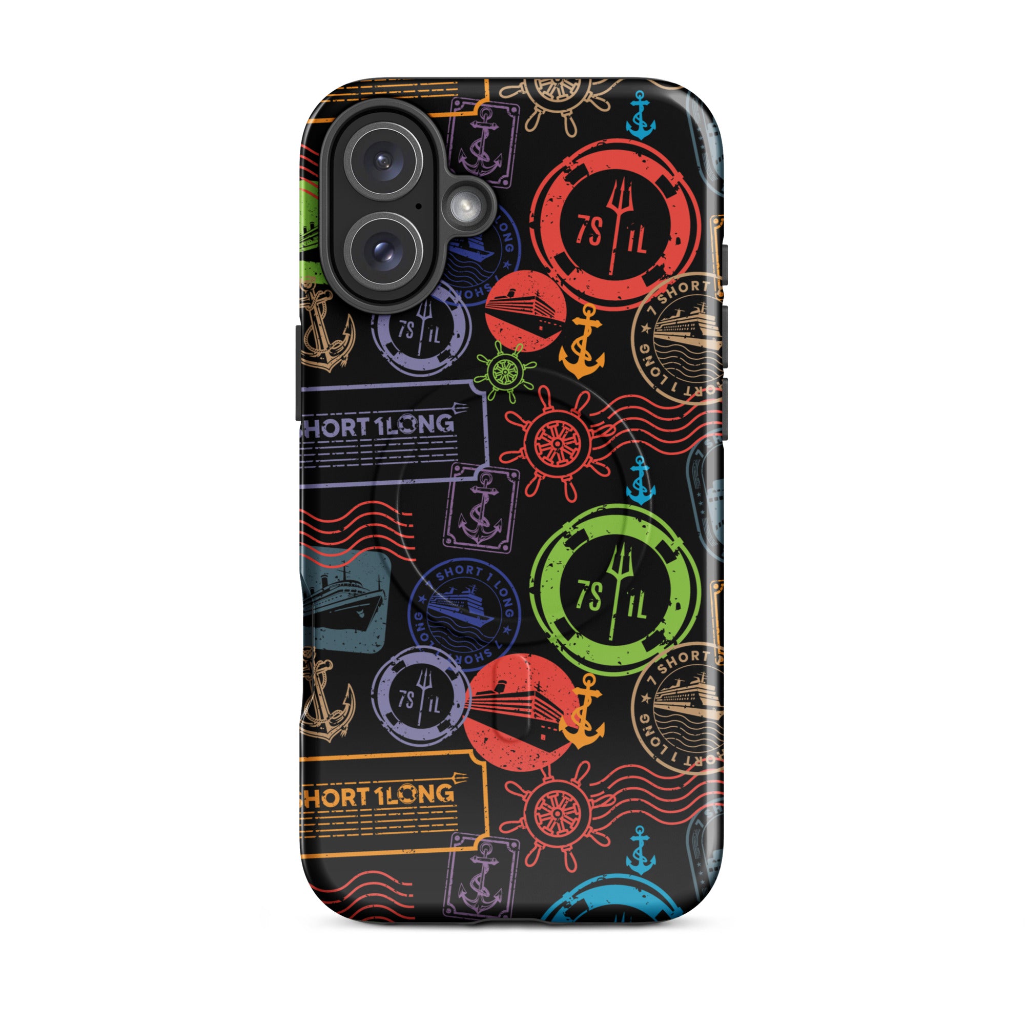 iPhone case with passport stamps and  black background
