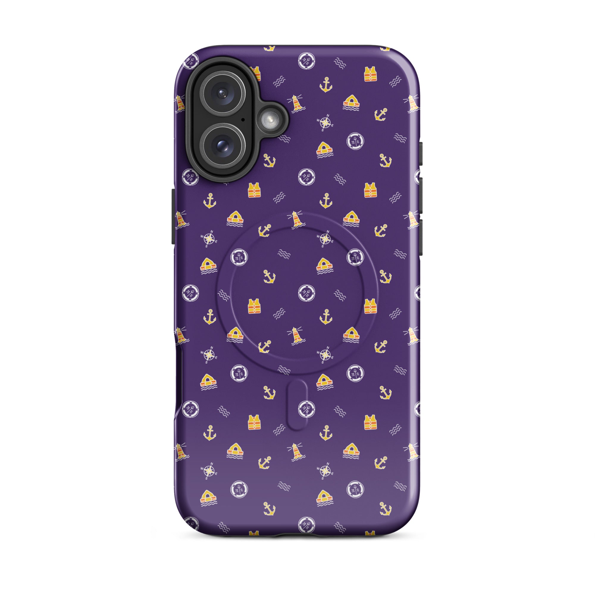 Purple phone case with a pattern of anchors and other nautical symbols on a white background