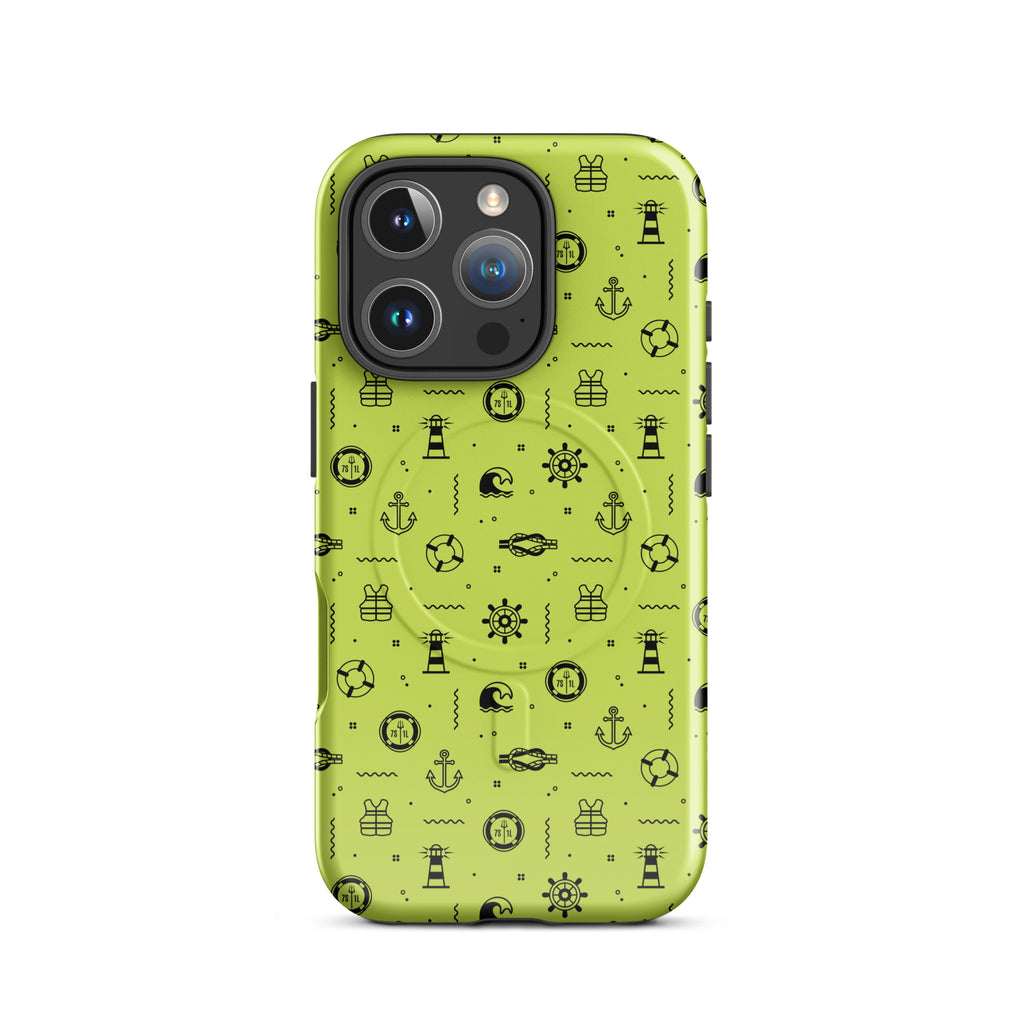 IPhone case with black pattern on a lemon green background
