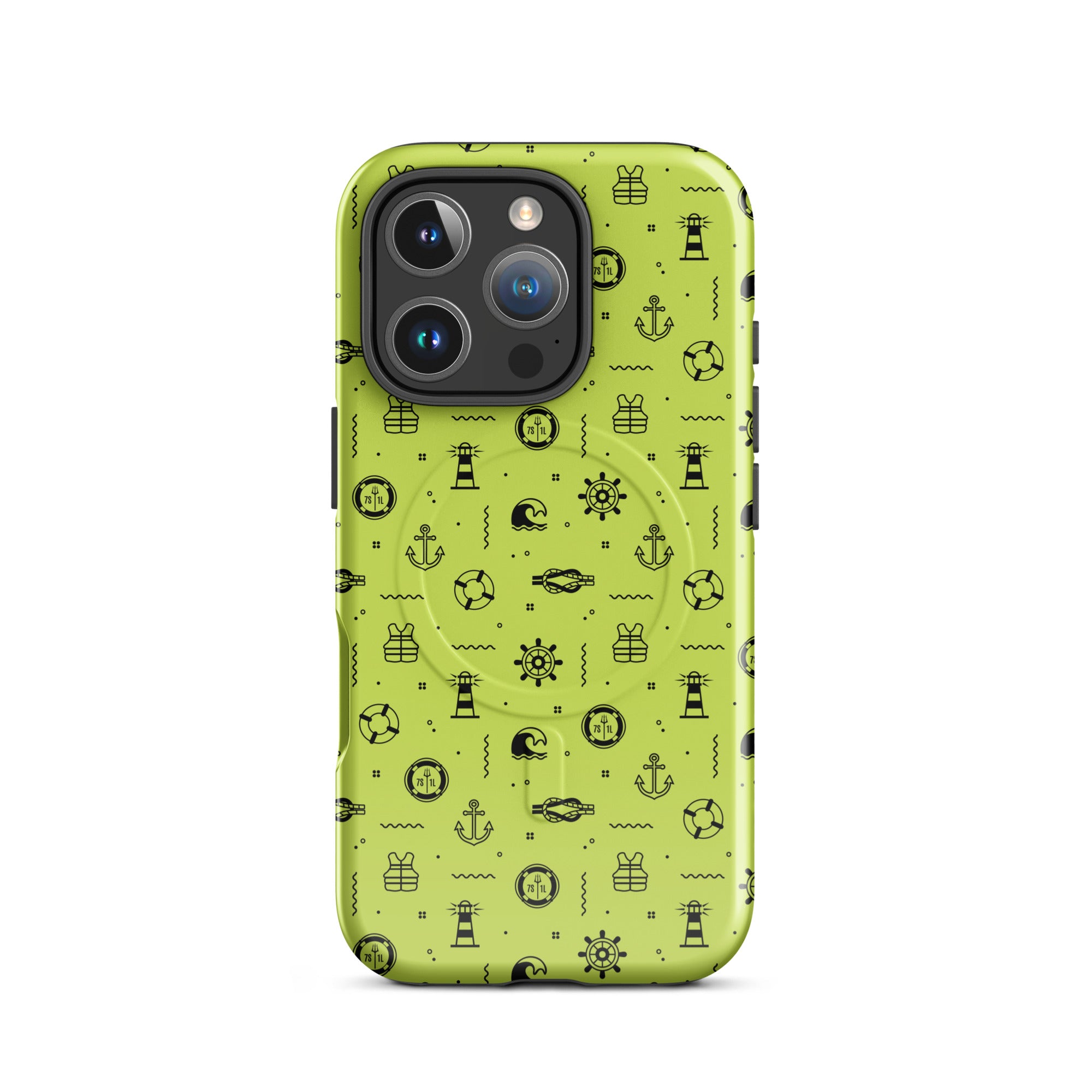 IPhone case with black pattern on a lemon green background