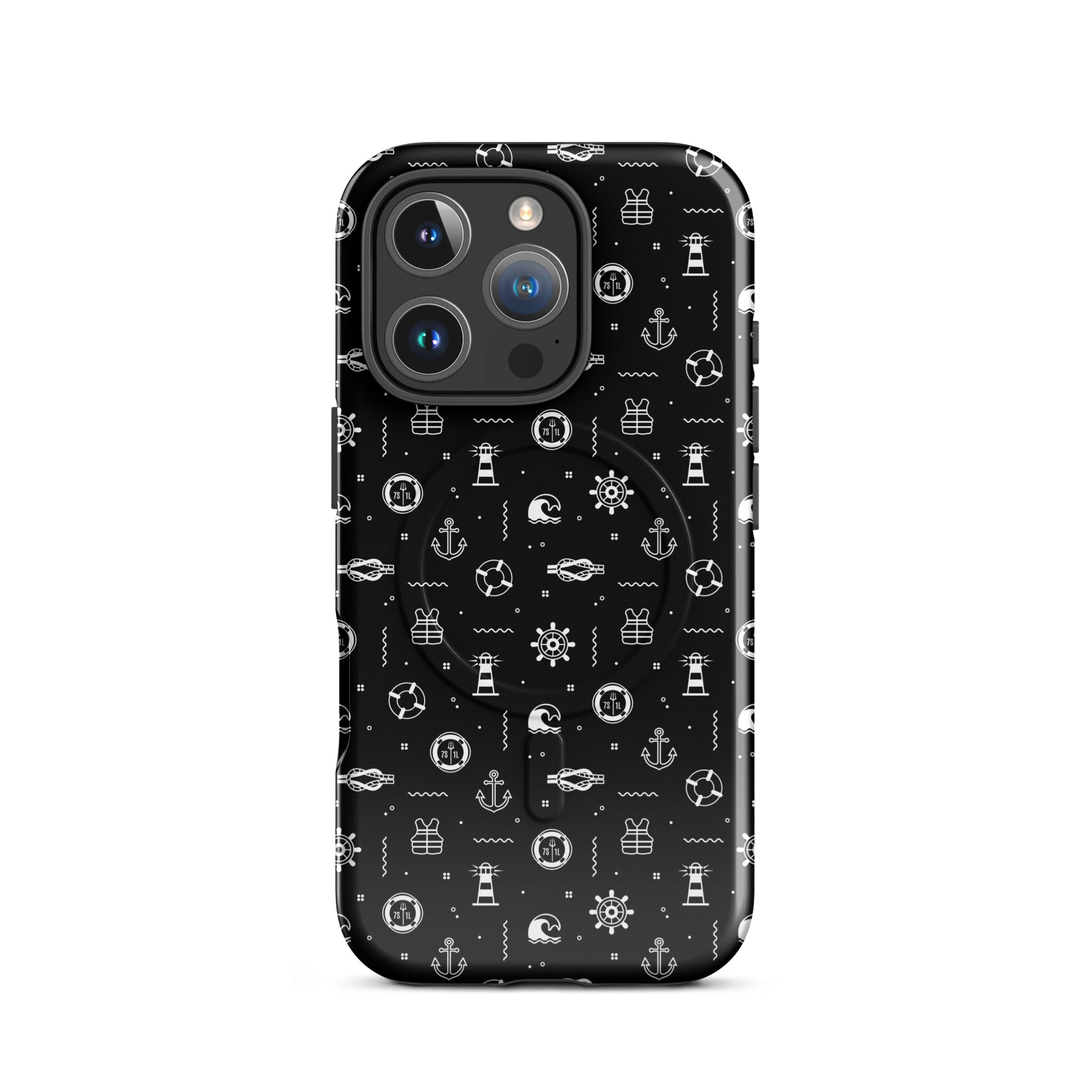 iPhone case with maritime pattern on a black background