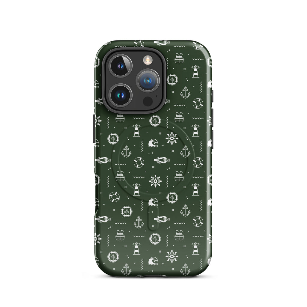 iPhone case with maritime pattern on a green background