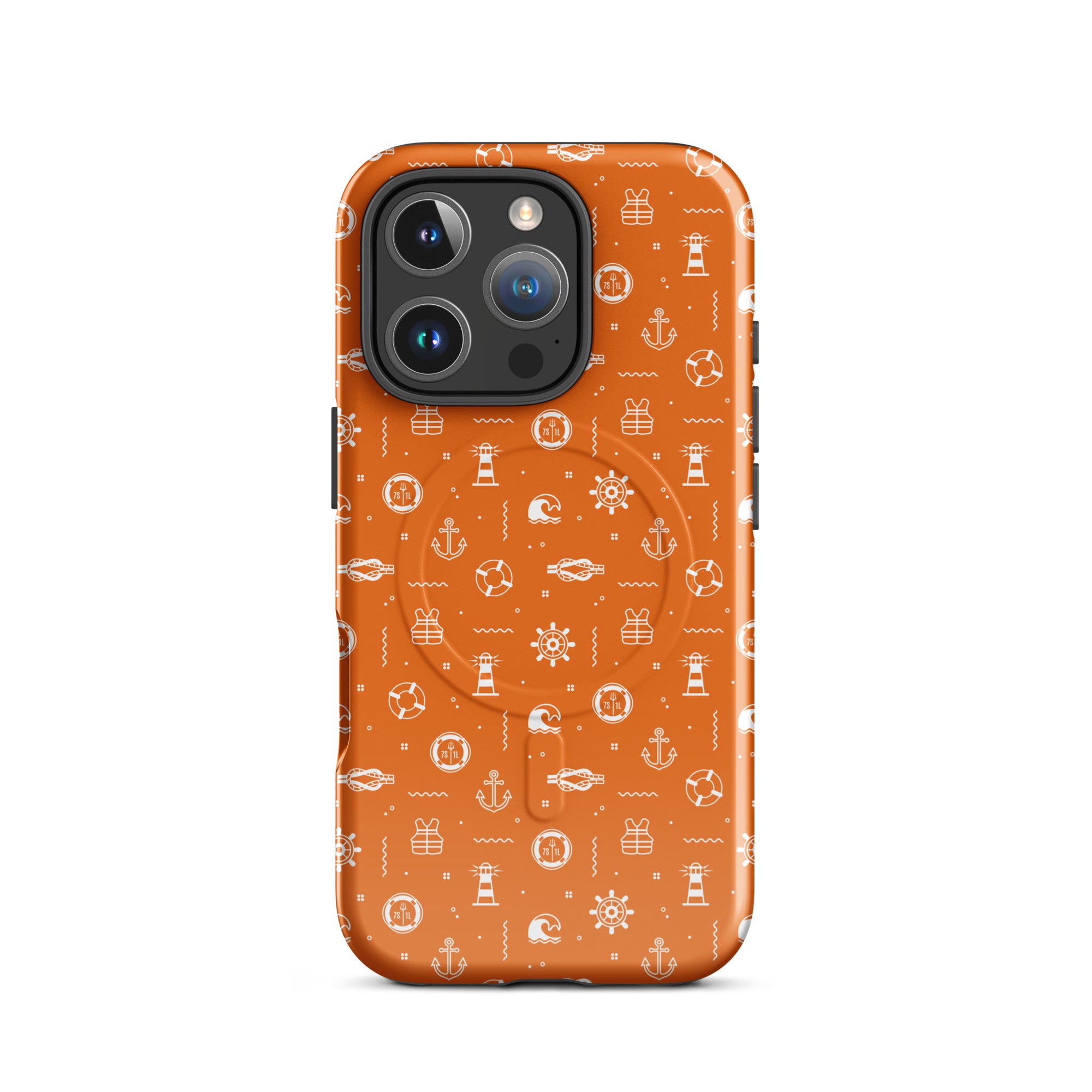 Phone case with maritime pattern on an orange background
