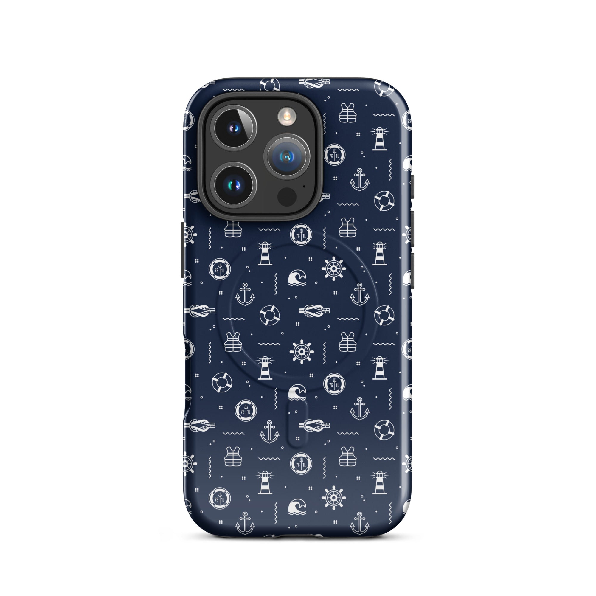 Phone case with nautical pattern on a blue background