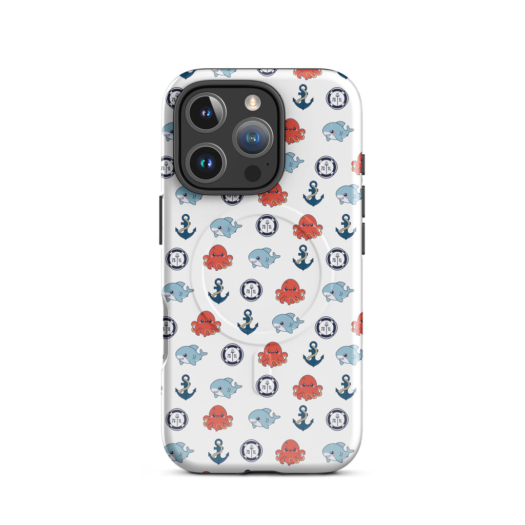 Phone case with nautical pattern featuring anchors, whales, and octopuses on a white background